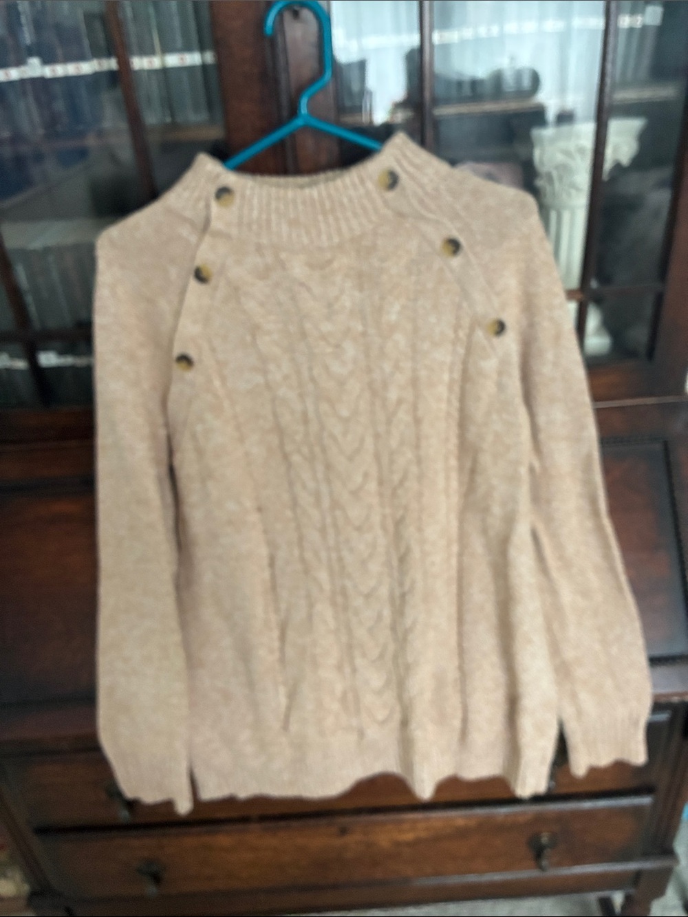 Talbots Camel Cable Knit Button-Shoulder Turtleneck